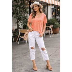 Tresics Womens Large Coral Heather Pocket Tee Hi Low Tunic Boho Coastal Casual